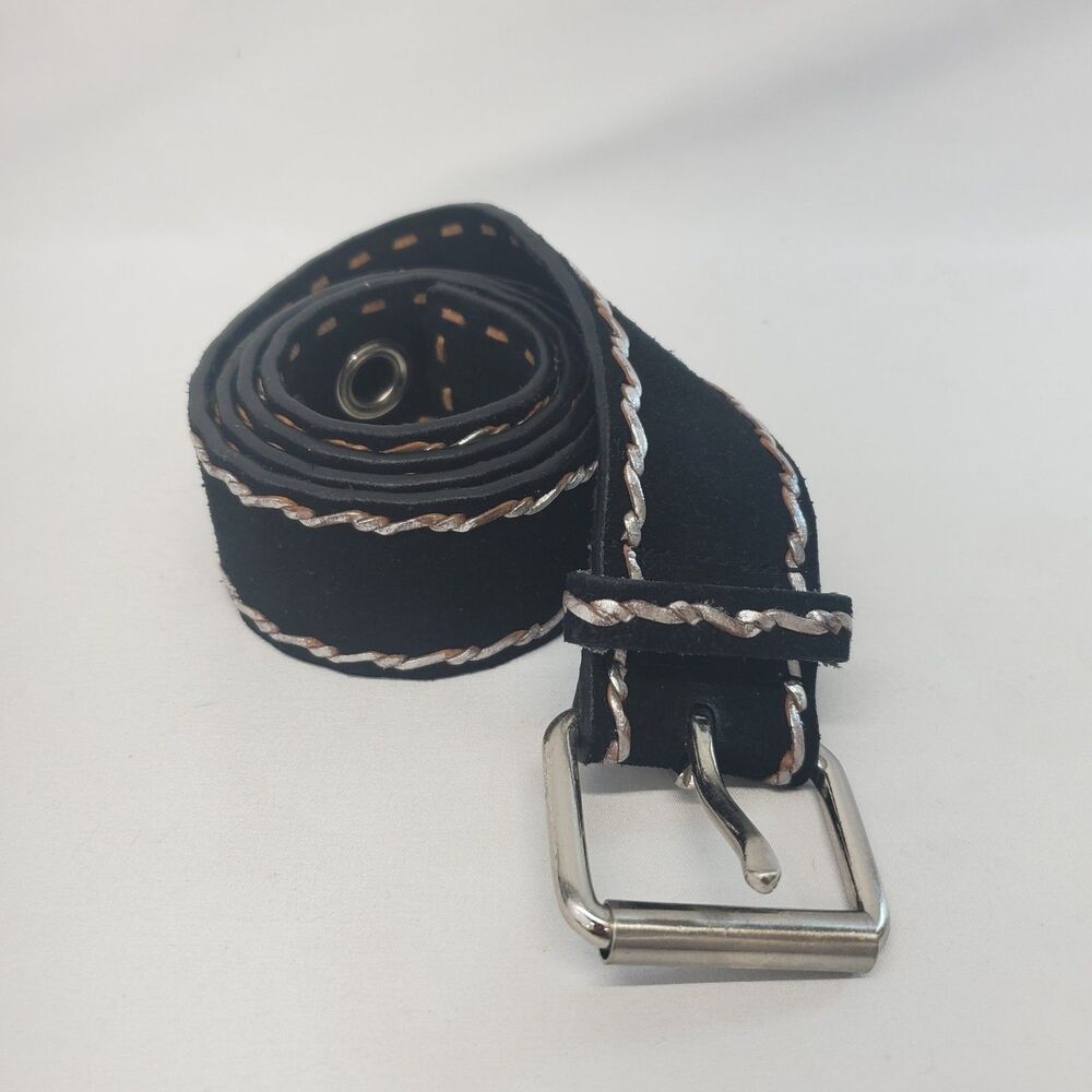 Vintage Black Suede Leather Stitched Belt Size XL Silver And Tan Women's
